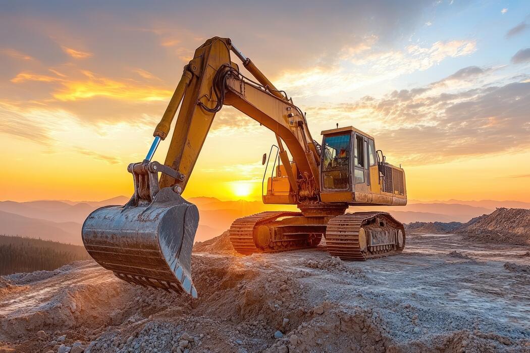 Pelleteuse jaune sur un chantier au coucher du soleil