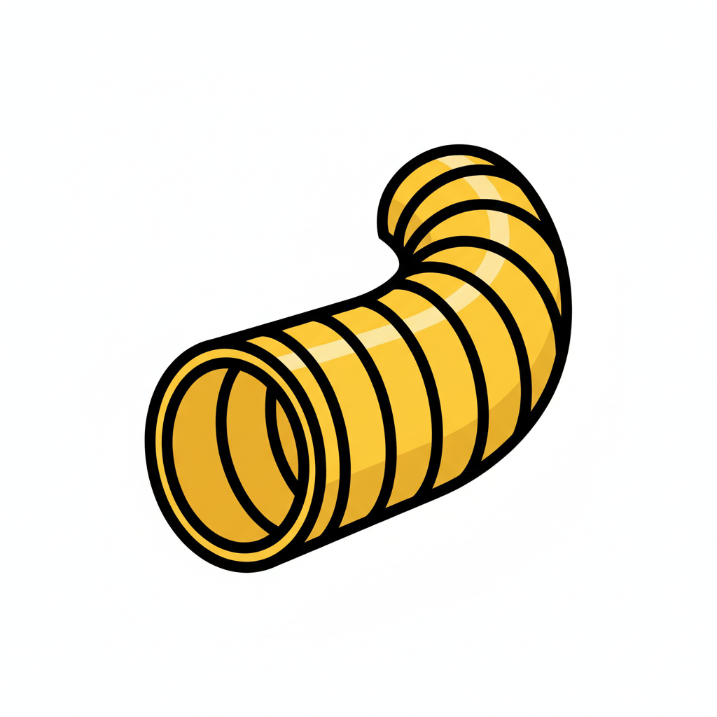 Un pictogramme professionnel et simple d’une gaine ou d’un tuyau annelé jaune pour les travaux de VRD et réseaux, légèrement courbé avec une extrémité visible, style illustration vectorielle nette, jaune chantier et noir, fond transparent ou blanc, sans texte, sans filigrane, lisible en petite icône carrée et cohérent avec une identité de travaux publics.