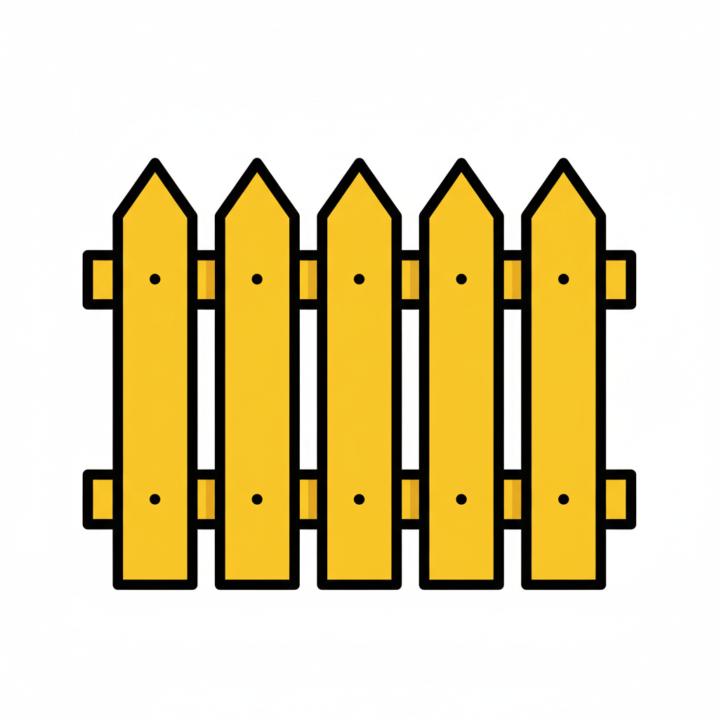 Un pictogramme simple et professionnel représentant une clôture en bois jaune, avec plusieurs lames verticales et une traverse horizontale, style illustration vectorielle nette, jaune chantier et noir, fond transparent ou blanc, sans texte, sans filigrane, lisible en petite icône carrée et cohérent avec la section « Aménagement extérieur » d’un site de travaux publics.