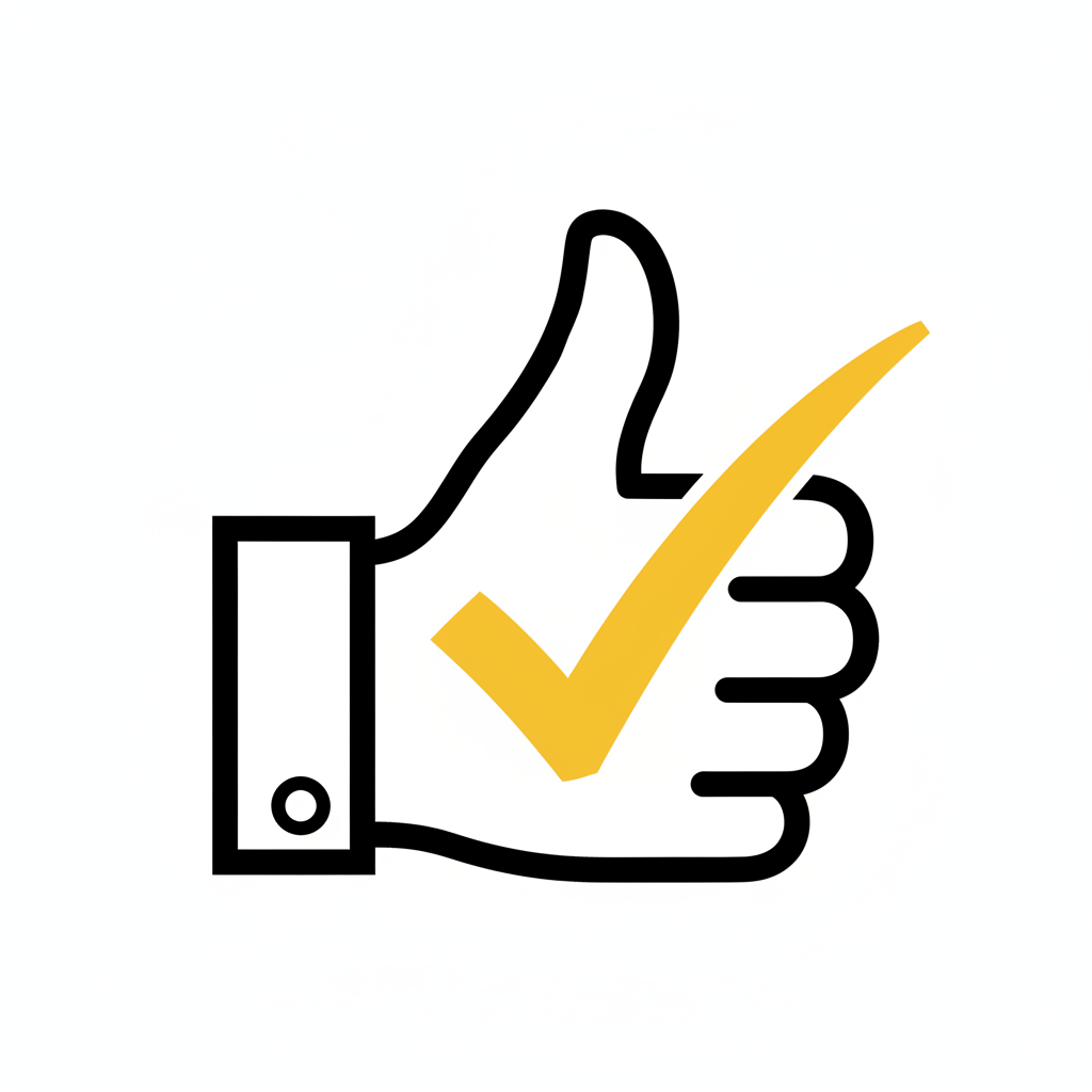 Pictogramme carré simple et professionnel pour une entreprise de travaux publics : une main avec une coche, symbolisant le travail soigné et la qualité. Style vectoriel jaune chantier et noir, fond transparent ou blanc, lignes nettes, sans texte ni filigrane, cohérent avec la maquette du site Gourmand TP.