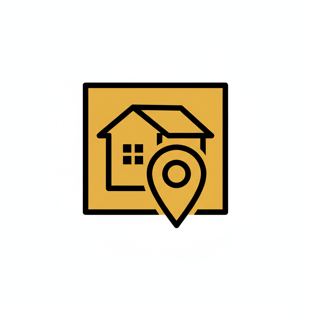 Pictogramme carré simple et professionnel pour une entreprise de travaux publics locale : une petite maison ou un bâtiment avec un repère de localisation, symbolisant une entreprise implantée localement. Style vectoriel jaune chantier et noir, fond transparent ou blanc, lignes nettes, sans texte ni filigrane, cohérent avec la maquette du site Gourmand TP.