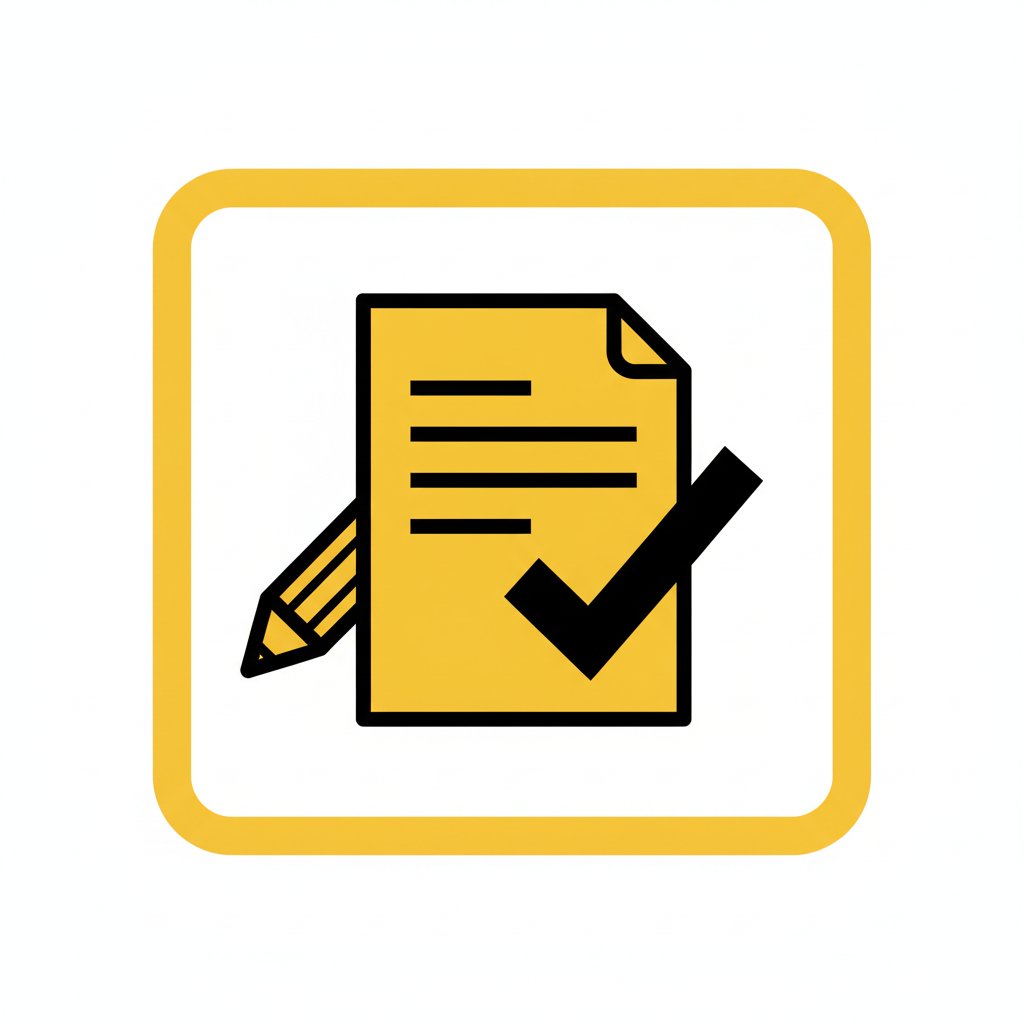 Pictogramme carré simple et professionnel pour un devis personnalisé : une feuille de devis ou de document avec un crayon et une coche, symbolisant un accompagnement sur mesure. Style vectoriel jaune chantier et noir, fond transparent ou blanc, lignes nettes, sans texte ni filigrane, lisible en petite icône et cohérent avec les pictogrammes de la section « Pourquoi choisir Gourmand TP ».
