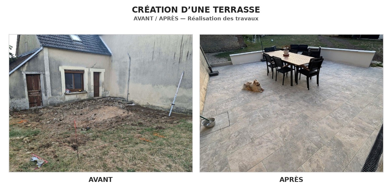 Création d'une terrasse — avant et après les travaux réalisés par Gourmand TP