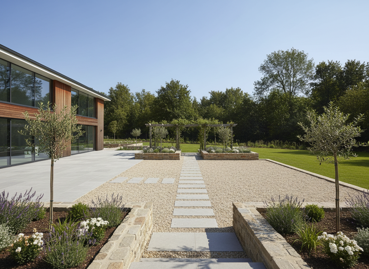 Aménagement extérieur avec terrasse pavée et cour